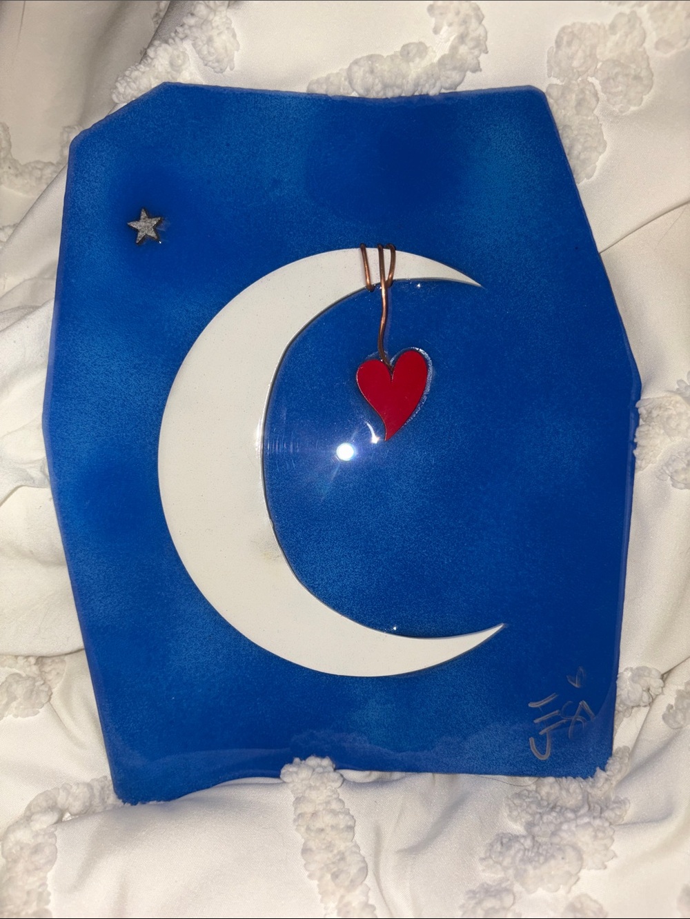Crescent Moon Wall Art with Hanging Red Heart / reclaimed steel / Jessi Brooks